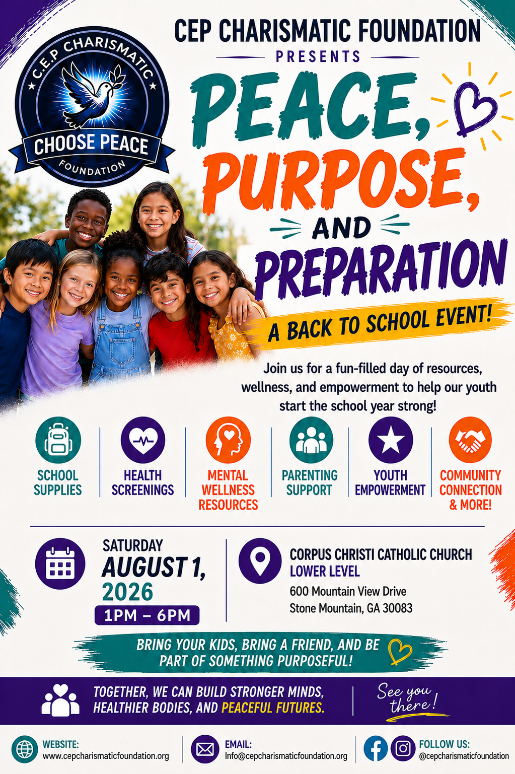 Peace, Purpose, and Preparation back-to-school event flyer