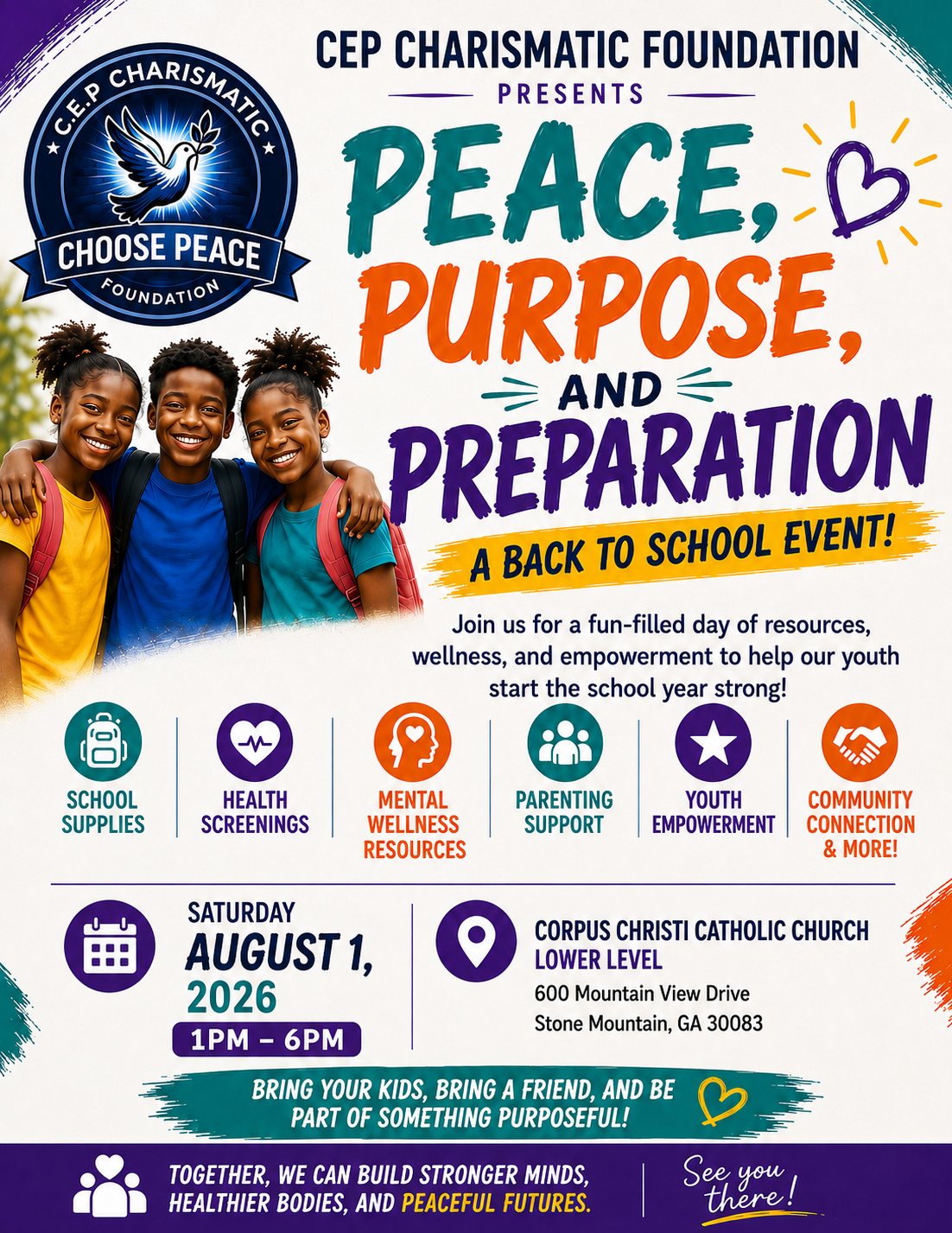 Peace, Purpose, and Preparation back-to-school event flyer
